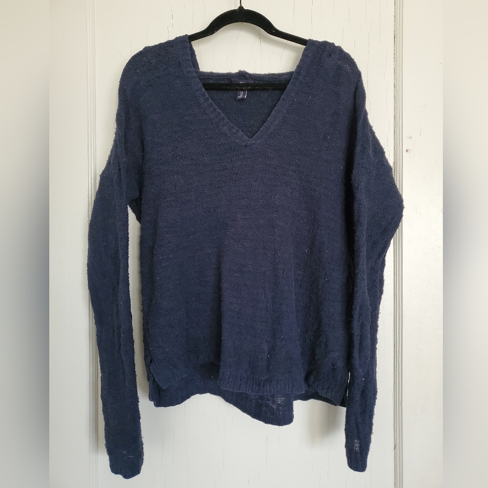 Gap Navy Blue Womens Large Drop Shoulder Lightweight Knit V-Neck Slub Hoodie